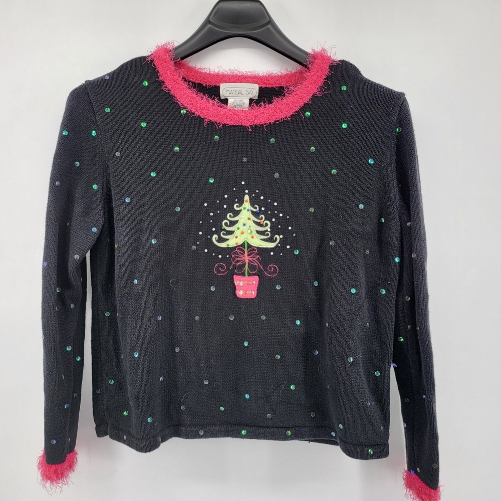 Mandal Bay Black Christmas Tree Sequin Sweater‎ Pink Fuzzy Trim Large Vintage